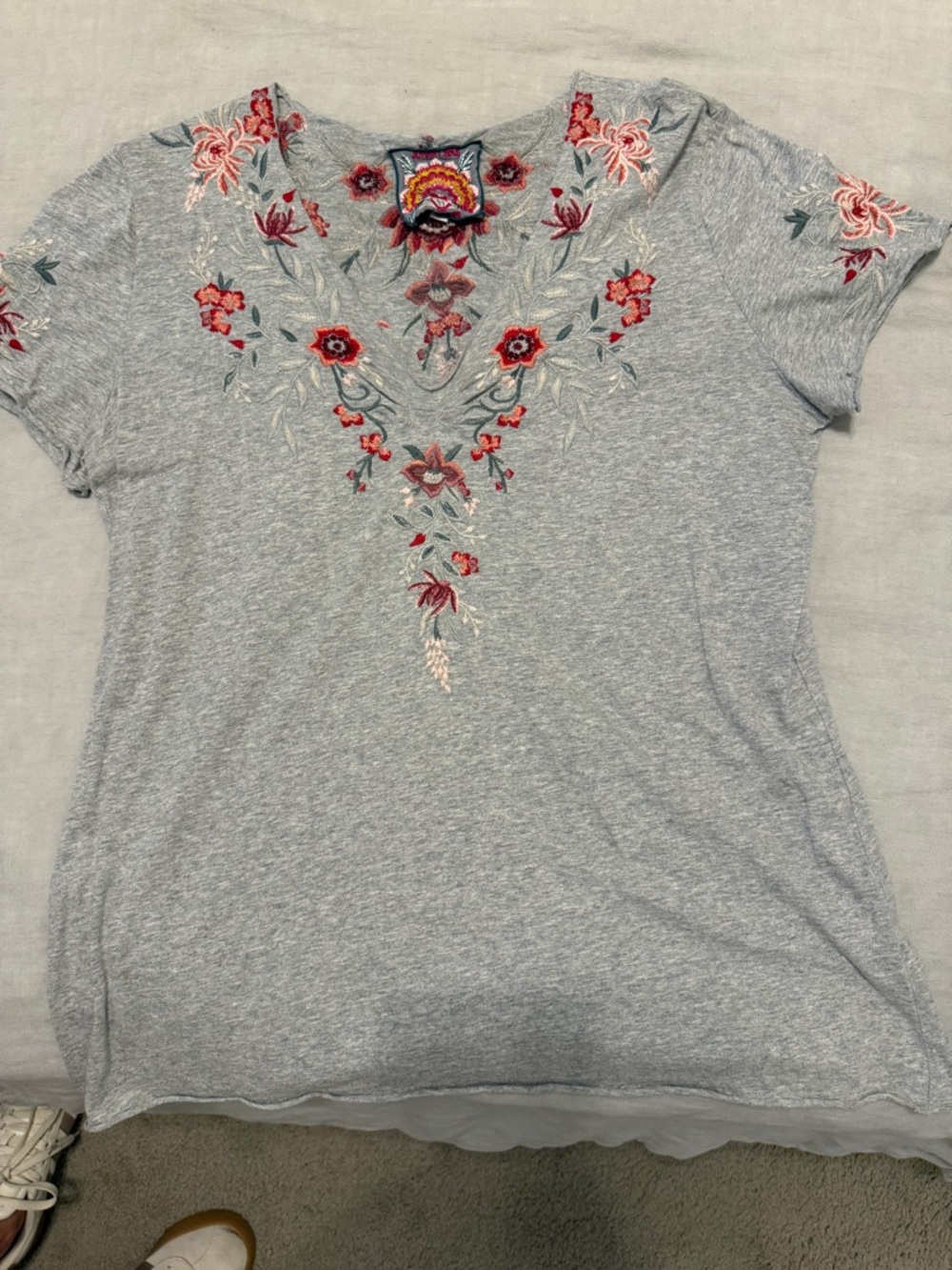 Johnny Was Heather Gray Short Sleeve Tee with Pink & Red Floral Embroidery